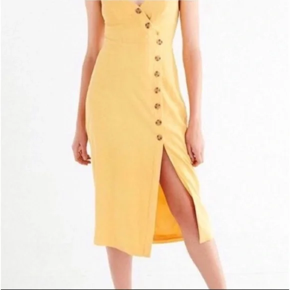 knee length dresses for ladies Yellow Cotton Round Neck Button-Down Midi Dress 70